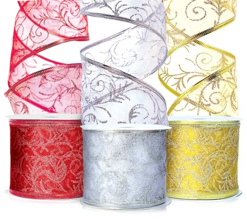 Wired Ribbon for Gift Wrapping Organza Ribbons Xmas Christmas Holiday Sheer 2.5 Inch Wide Wire Edged Red Gold Silver/White Glitter Tree Decoration Crafts/Craft, Gifts Wrap 30 Yards/10 Yard Ea. Roll