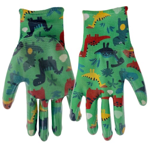 MUD Simply Kids (ages 5-8) Garden Gloves, Nitrile Coating, Lightweight, High Dexterity, Moisture Wicking, Green/Dino Pattern (MD31041M)