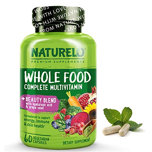 NATURELO Whole Food Multivitamin with Extra Hair, Skin and Nails Support – Beauty Blend with Hyaluronic Acid & Grape Seed - High Potency Biotin, Vitamin C, and Glutathione - 60 Vegan Capsules