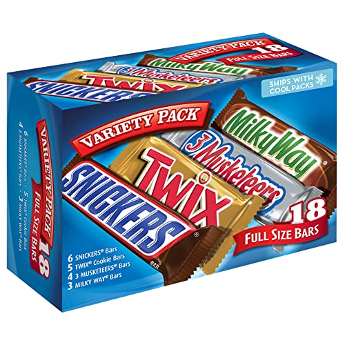 SNICKERS, TWIX, 3 MUSKETEERS & MILKY WAY Full Size Bars Variety Mix, 18-Count Box