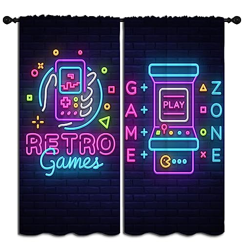 Neon Art Retro Game and Arcade Game Rod Pocket Blackout Curtains for Boy Girl Bedroom, Video Gaming Gamepad and Wall Background Light Filtering Window Drapes for Living Room Darkening, 63x63 inch