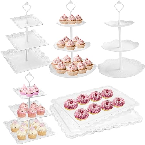 10 Pcs Cake Stand White Plastic Dessert Table Set 4 3 Tire Cupcake Display Stands Cookie Tray Rack Serving Tower and 6 Trays for Wedding Baby Shower Tea Party