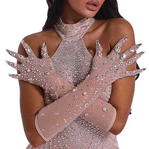 nobrandlingerie Gorgeous Rhinestone Pearls Gloves Women Sparkly Crystal Gloves Dancer Singer Nightclub Stage Bachelor Celebration (beige, long)