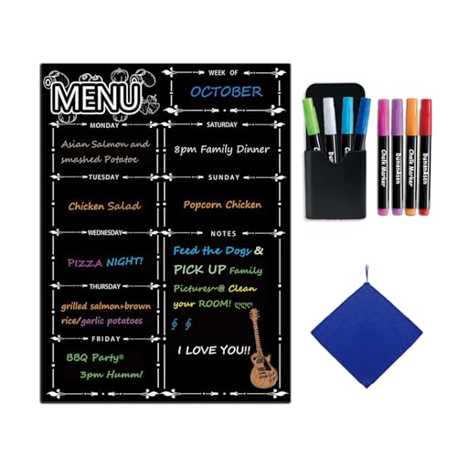 Magnetic Menu Board for Fridge, LiebHome Dry Erase Weekly Menu Planner/Family Calendar 16' x 12' with Grocery List and Notes (Black with 8 Markers)