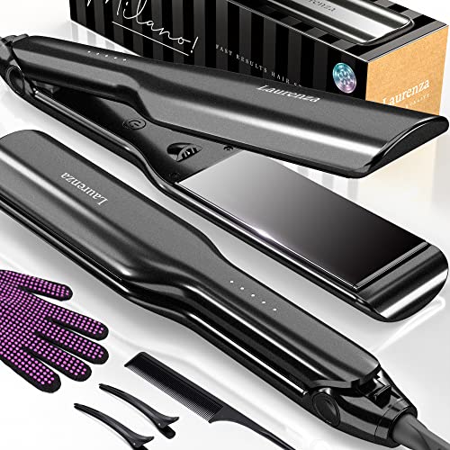 Milano by Laurenza Hair Straightener and Curler 2 in 1, SuperMax Design 8.5 Inch² Extra-Large 3D Floating Ceramic Flat Iron, Dual Voltage Straightening Irons with 20 Million cm³ Anion Outlet (Black)