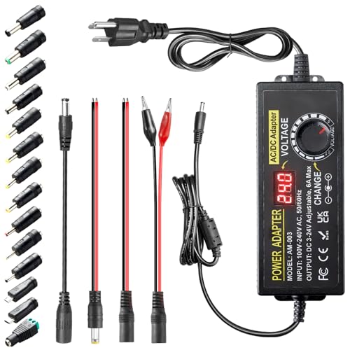 3V~24V 6A 144W Adjustable Power Supply 3V 5V 6V 9V 10V 12V 15V 18V 20V 24V Universal Variable Switching Power AC/DC Adapter,100V-240V AC to DC Converter with 14 Tips & Polarity Converter & 3Test Leads