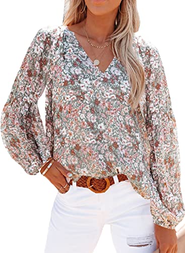 SHEWIN Spring Blouses for Women Dressy Casual Floral Lantern Long Sleeve Boho Tops Loose V Neck Spring Shirts Trendy Fall Bohemian Clothes for Women 2023 2024,US 4-6(S),Multicolor