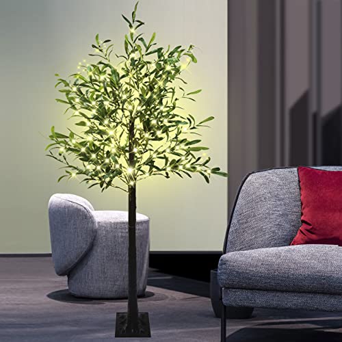 LKGOOD Artificial Lighted Olive Tree 6FT Tall Faux Silk Light Up Plant Trees(with Switch Button) for Home Office Decor Indoor with 300 Warm White Fairy Lights and Lifelike Leaves…