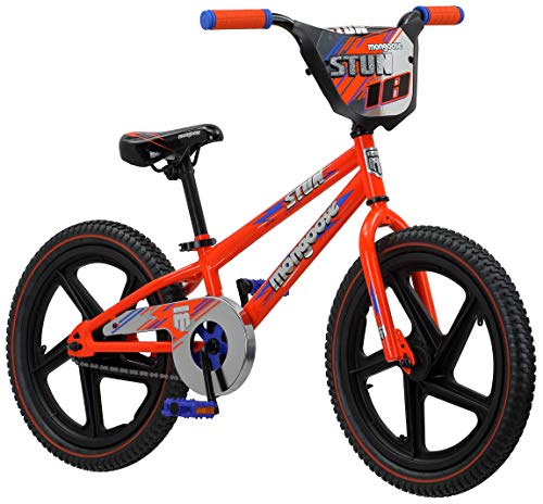 Mongoose Stun Freestyle BMX Kids Bike, Mag Wheels, Small Stand-Over Steel Frame, Chain Guard, Foot Brake, Boys and Girls 5 - 7 Years Old, 18-Inch Wheels, Blue/Orange
