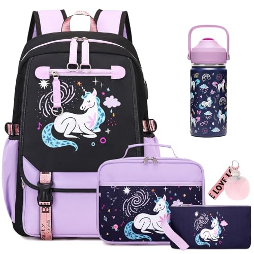 Bevalsa Kids Backpack for Girls with Insulated Water Bottle, Purple Cute Bookbag for Girls Kids, 14oz Termos Kids Water Bottle Stainless Steel, Insulated Lunch Bag & Pencial Case, Back To School Gift