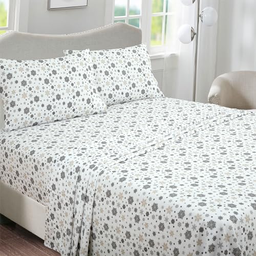 Briarwood Home 100% Cotton Printed Flannel Sheet Set 4 Piece Brushed Turkish Bedding Super Soft, Warm, Cozy, Deep Pocket & Breathable All Season Sheets & Pillow Set(Snowflakes Tan, Queen)