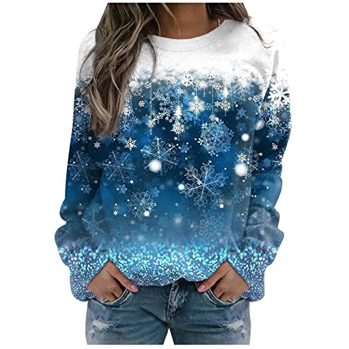 Womens Christmas Colorblock Sweatshirt Classic Snowflake Print Pullover Long Sleeve Tops Holiday Casual Tee Shirts Blue