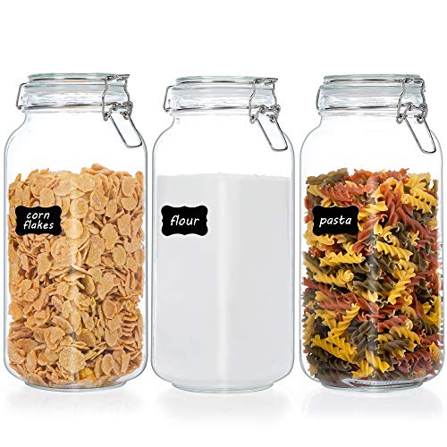 Vtopmart 78oz Glass Food Storage Jars with Airtight Clamp Lids, 3 Pack Large Kitchen Canisters for Flour, Cereal, Coffee, Pasta and Canning, Square Mason Jars with 8 Chalkboard Labels