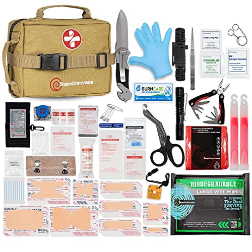 Surviveware Survival First Aid Kit - Emergency Preparedness at Home, Car, Office, Hiking, Camping & Outdoors Activities - 180 pcs Medical Supplies w/Removable MOLLE System & Labeled Compartments - Tan