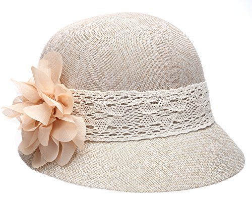 EPOCH Women's Gatsby Linen Cloche Hat with Lace Band and Flower - Natural