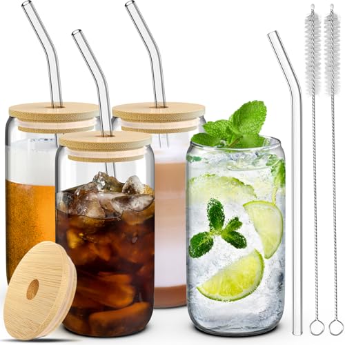 4 Set Glass Cups with Lids and Straws 16 oz, Glasses Drinking Set, Iced Coffee Cup with Bamboo Lids, Drinking Glasses Tumbler with Straw and Lid, Glass Can Coffee Cups, Drinking Glassware, 2 Brushes