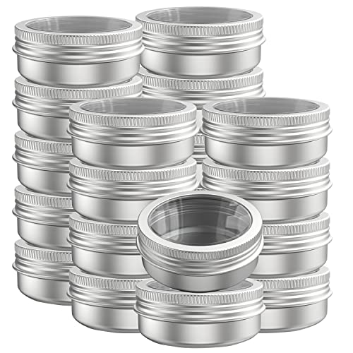 20 Pcs 4 Ounce aluminum Tins Jars Containers Round Clear Top Screw Lids Containers for Cosmetic, Salves, Balms, Lip Balm, Spices or Others, Silver