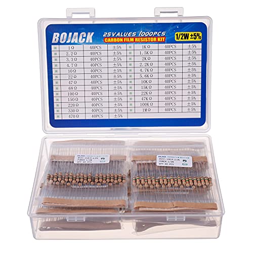 BOJACK 1000 Pcs 25 Values Resistor Kit 1 Ohm-1M Ohm with 5% 1/2W Carbon Film Resistors Assortment