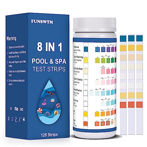 Pool Test Strips, 125ct 8 in 1 Pool and Spa Test Strips for Hot Tub, Swimming Pools and Salt Water Pools - Easy to Test pH, Chlorine, Alkalinity, Hardness, Cyanuric Acid, and Salt Testing Kit