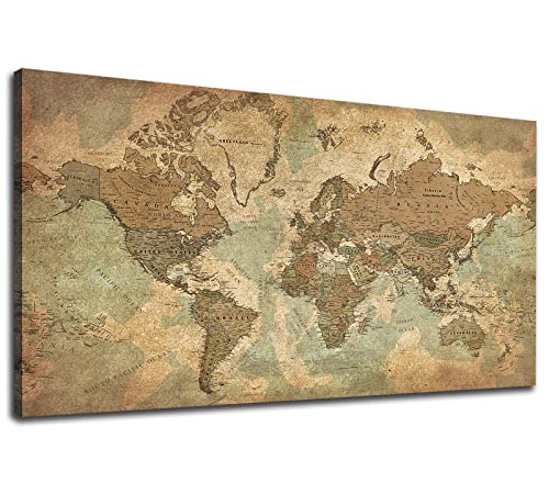 LUEAXRG Vintage World Map Canvas Wall Art Living Room Decor Retro Map of World Canvas Pictures Brown Map Canvas Prints for Home Office Declor 20'x 40'
