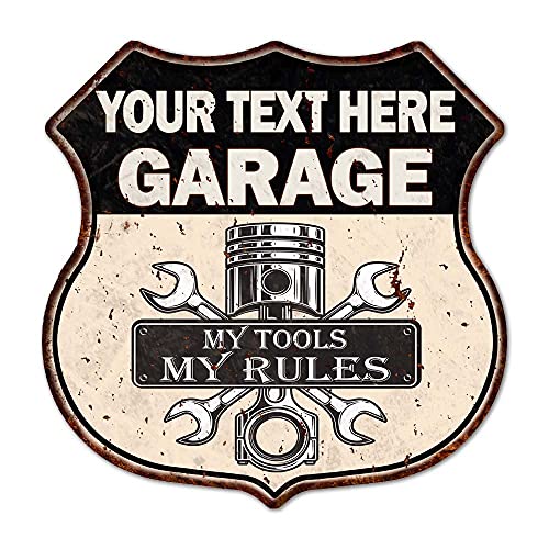 Personalized Man Cave Garage Sign My Tool My Rules Piston Route 66 Shield Mancave Signs Shop Décor Wall Art Dad Shop Retro 14.5 x 14.5 Matte Finish Metal 115150024001