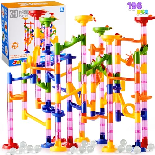 JOYIN Marble Run Premium Set（196 Pcs- Construction Building Blocks Toys, STEM Educational Toy, Building Block Toy(156 Translucent Plastic Pieces+ 40 Glass Marbles)