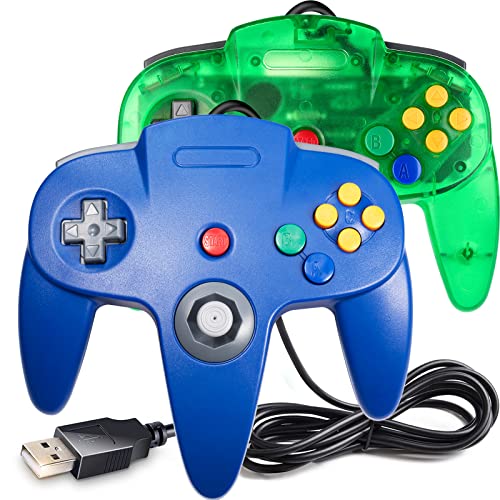 2 Pack Classic N64 Controller, suily N64 Wired USB PC Game pad Joystick, N64 Bit USB Wired Game Stick Joy pad Controller for Windows PC MAC Linux Raspberry Pi 3 Sega Genesis (Clear Green/Blue)