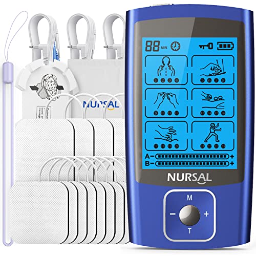 NURSAL TENS EMS Unit Muscle Stimulator for Pain Relief Therapy, Electric 24 Modes Dual Channel TENS Machine Pulse Massager with 12 Pcs Electrode Pads/Continuous Stable Mode/Memory Function