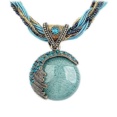 Harlorki Women Lady Retro Vintage Bohemian Style Twist Woven Rope Chain Turquoise Rhinestone Pendant Collar Necklace Fashion Jewelry