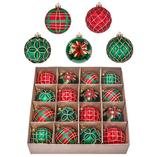 Valery Madelyn 16ct Christmas Ball Ornaments Set, Red Green and Gold Shatterproof Hanging Decorations for Trees, 3.15 Inches