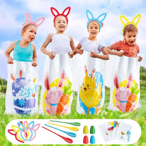 Easter Outdoor Games Potato Sack Race Bags for Kids Adults, 4 Bunny Potato Sack Bags, 4 Bunny Ears Headbands, Egg Spoon Relay Race Game, for Easter Theme Party, Carnival Outdoor Yard Lawn Games