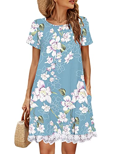 Halife Women Summer Casual Short Sleeve Dresses Loose Floral Dress with Pockets Floral Light Blue,L