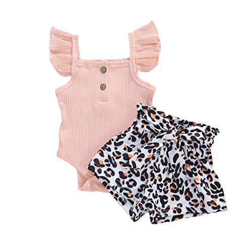 Newborn Baby Girls Ruffle Sleeve Romper Solid Ribbed Top Bodysuit Leopard Bow Front Shorts Set 2PCS Summer Clothes (Pink, 0-6 Months)