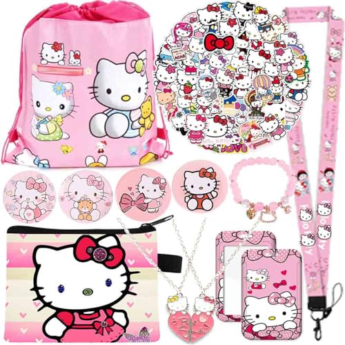 EMISOO Kawaii Hello Pink Kitty Merchandise Stuff Gift Set for Girls, Cute Kitty Cat Accessories Drawstring Bag,Purse, Keychain Lanyard,Badge Card Holder,Button Pins, Friend Necklace,Bracelet,Stickers