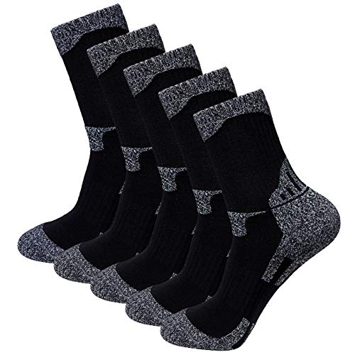 Teebulen Men's Black 5-Pack Padded Anti Odor Blister Resistance Quarter Crew Hiking Socks, Size 7-12