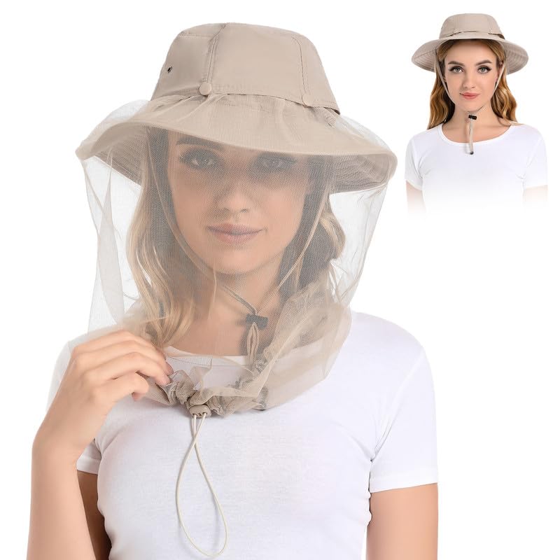 Mosquito Head Net Hat - Bug Cap UPF 50+ Sun Protection with Hidden Netting for Beekeeping Hiking Men & Women Khaki