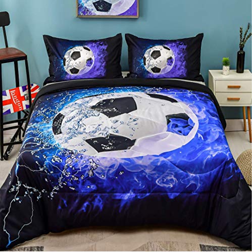 Andency Soccer Comforter Twin(66x90 Inch), 2 Pieces(1 Soccer Comforter, 1 Pillowcase) Blue Flame Soccer Comforter Set Sport Microfiber Bedding Set for Boy Girl Kids, Teen