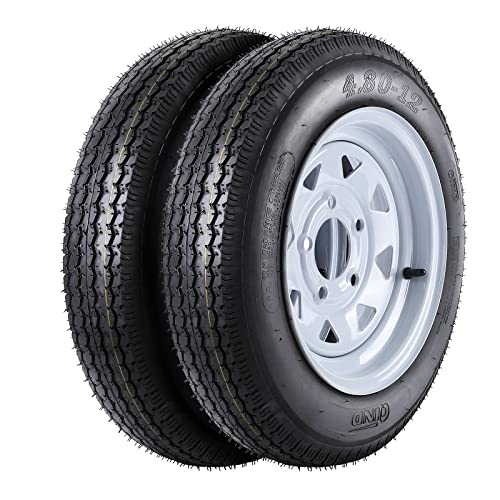 2 Pack 4.80-12 4.80x12 480-12 4.80-12 Trailer Tires with 12'' Rims, 5 Lug on 4.5'', Load Range C 6PR