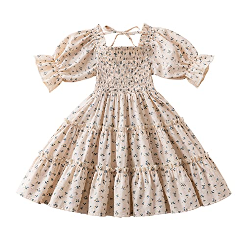 NNJXD Little Girl Smocked Elastic Dress Princess Girls Casaul Printed A-line Sundress 1913 Floral 2-3 Years