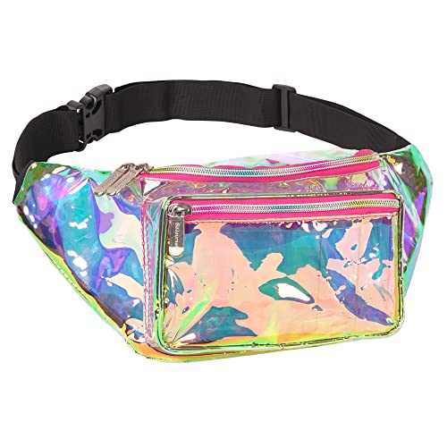 Holographic Clear Fanny Pack Belt Bag | Waterproof fanny pack for Women - Crossbody Bum Waist For Halloween costumes, Hiking, Running, Travel and Stadium Approved (Pink)