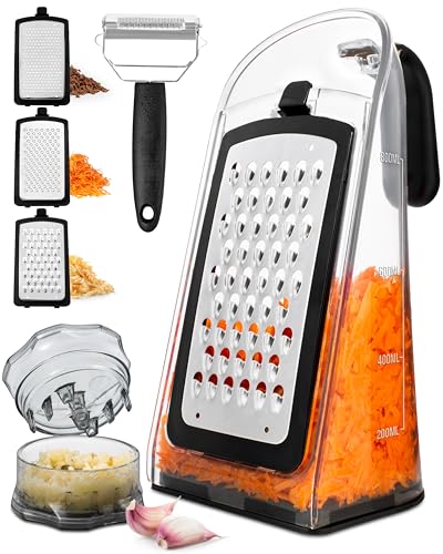 Cheese Grater with Garlic Crusher - Box Grater Cheese Shredder - Cheese Grater with Handle - Graters for Kitchen Stainless Steel Food Grater - Garlic Mincer Tool and Vegetable Peeler