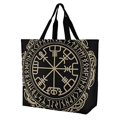 Large Capacity Work Tote Bags, One Shoulder Shopping Bag, Shoulder Commuter Bag Compatible with Black Celtic Viking Design Magical Runic Compass Vegvisir in The Circle of Norse Runes And Dragons T