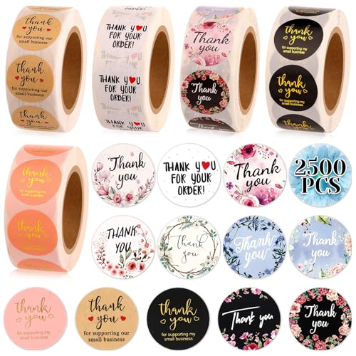 Thank You Small Stickers Rolls, 2500Pcs 1 Inch Thank You for Supporting My Small Business Envelope Seals, 5 Rolls 12 Patterns for Wedding, Birthday, Party Gift Wrap Bag