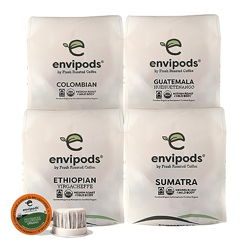 Fresh Roasted Coffee, Fair Trade Organic Single Origin Compostable Envipods Variety Pack, Kosher | 48 Count for Keurig K Cup Brewers | Not for use in Ninja or Hamilton Beach Brewers