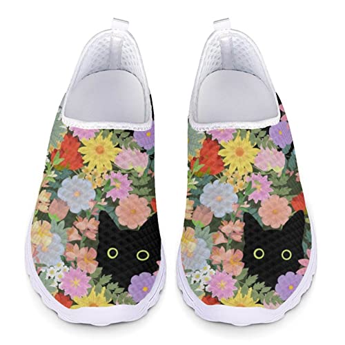 INSTANTARTS Women's Water Shoes Colorful Flower Black Cat Print Barefoot Aqua Swim Walking Shoes Slip-on Lightweight Sneakers Flats Summer Sandals