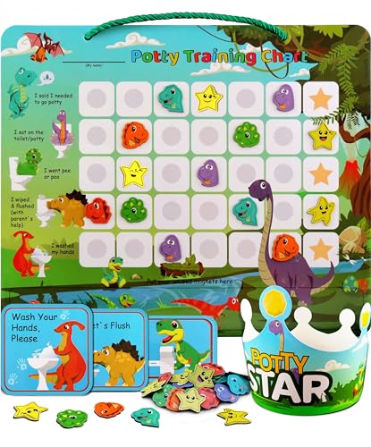 Dinosaur Potty Training Chart & 35 Magnetic Stickers - Potty Chart, Potty Training Sticker Chart, Potty Training Chart for Toddlers Boys, Potty Training Stickers, Potty Chart for Girls with Stickers