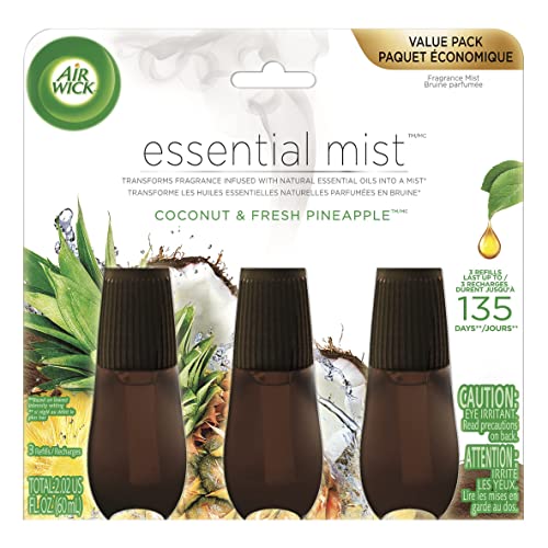Air Wick Essential Mist Refill, 3 ct, Coconut and Pineapple, Essential Oils Diffuser, Air Freshener