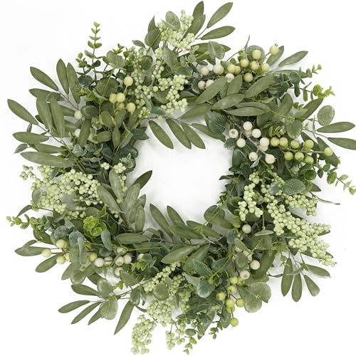 AMF0RESJ Green Eucalyptus Wreaths for Front Door Spring Summer Wreath with Eucalyptus Leaves,Olive Leaves,Mixed Berry for Indoor Outdoor Farmhouse Home Porch Wall Window Festival Wedding Decor
