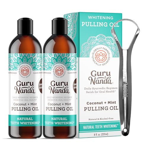 GuruNanda Whitening Pulling Oil with Coconut Oil & Peppermint Essential Oil for Oral Health, Natural Teeth Whitening, Helps with Fresh Breath, Healthy Gums, Alcohol Free Mouthwash (8 Fl.Oz. x 2)