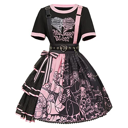 Mingyuezai Women's Lolita Dress Gothic Punk Skirt Party Halloween Costume Cosplay(Skirt+Tshirt+Belt,L)